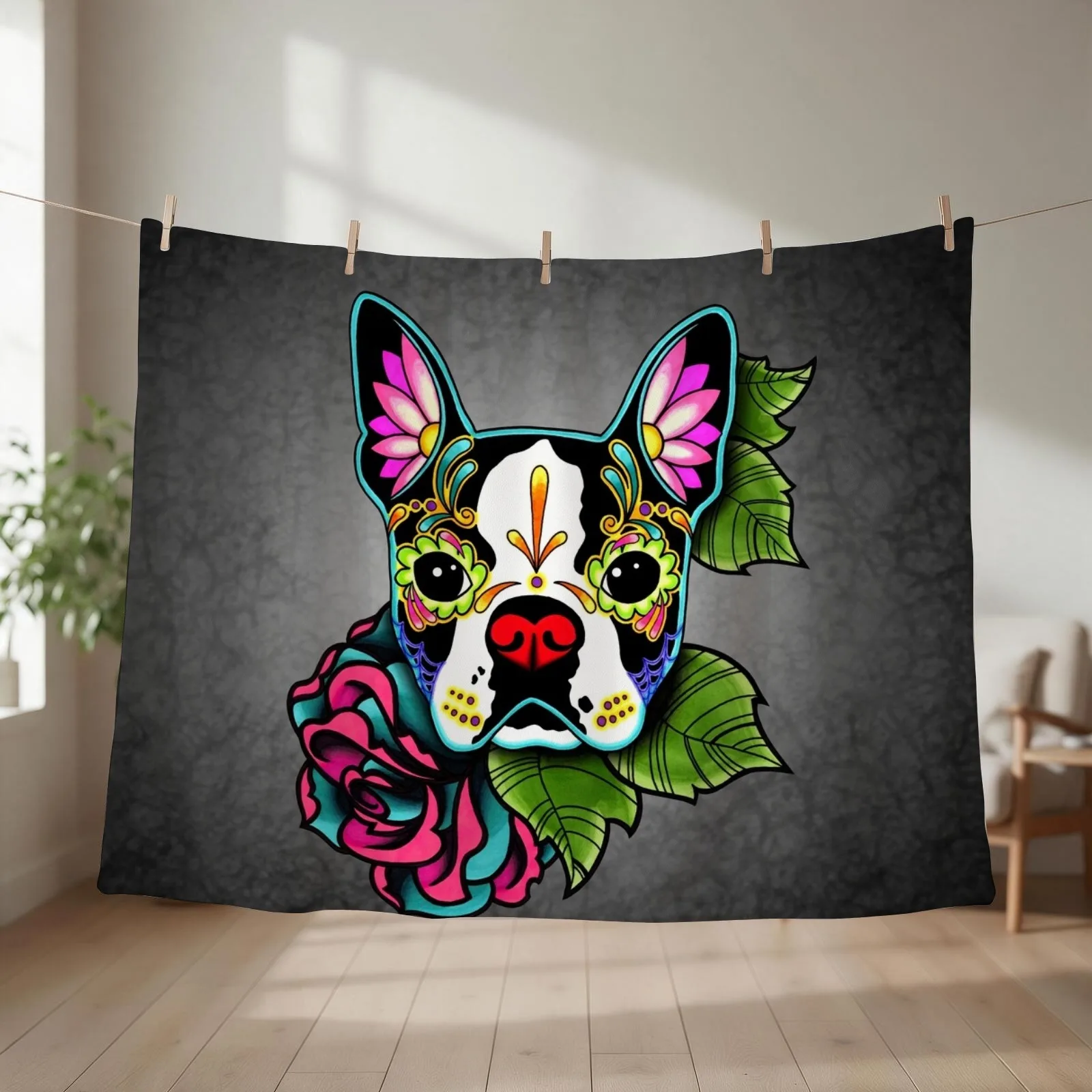 Boston Terrier in Black - Day of the Dead Sugar Skull Dog Throw Blanket couch cozy soft plush fuzzy picnic outdoor blanket
