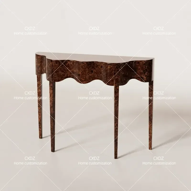 Retro Solid Wood Semi-Circular Entrance Table Walnut Carved Wall Console Leather Art Decorative Hallway Table