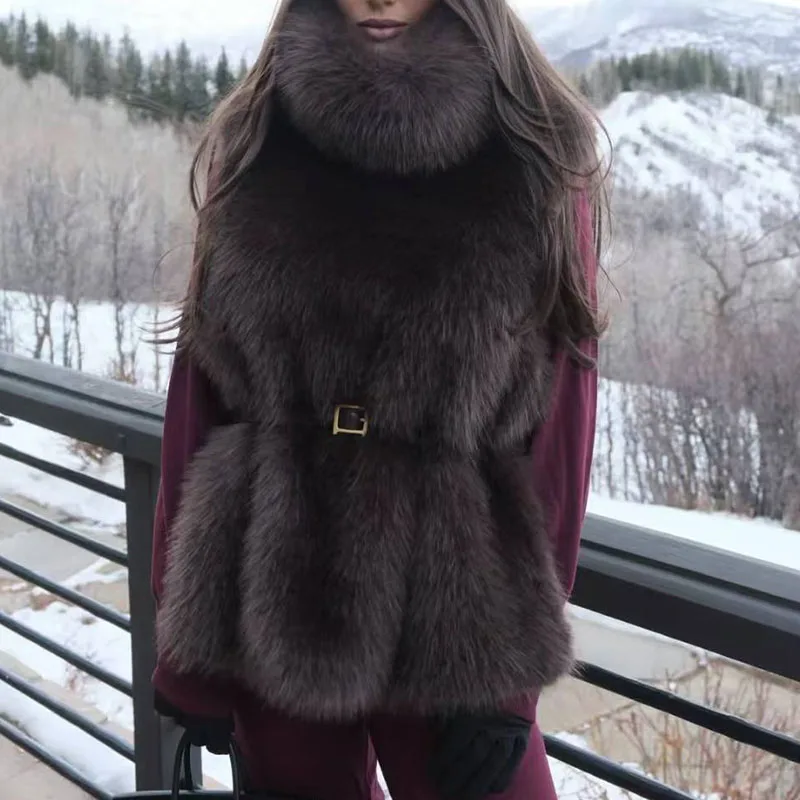 女性用エコフレンドリーファーベスト、ハイネックノースリーブプルオーバージャケットトップ、プレミアム品質ベスト、2025、冬、新着、Y2K