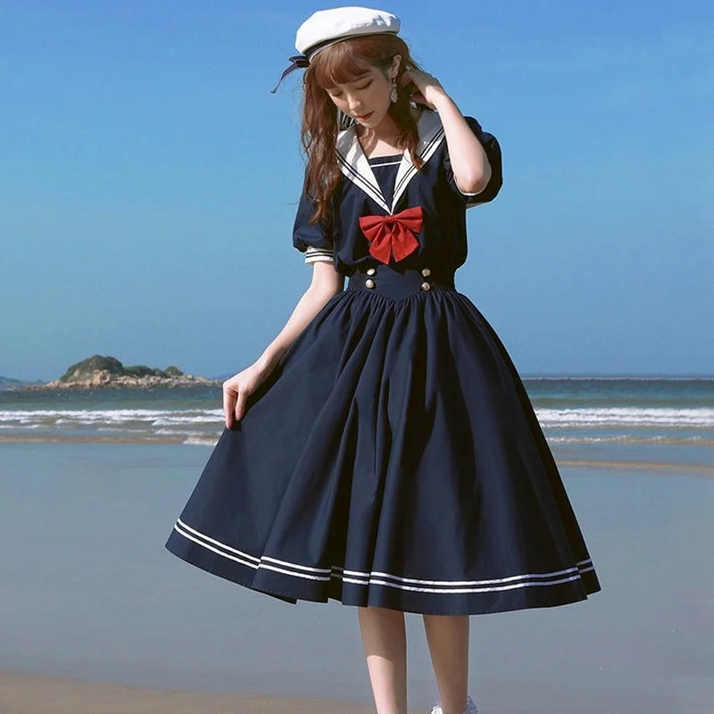 Harajuku Sailor Kraag Marine Blauwe Jurk Japanse Lolita Zoete Boog Meisje Retro Katoen Kawaii College Stijl Lange Mouwen Jurk vrouwen