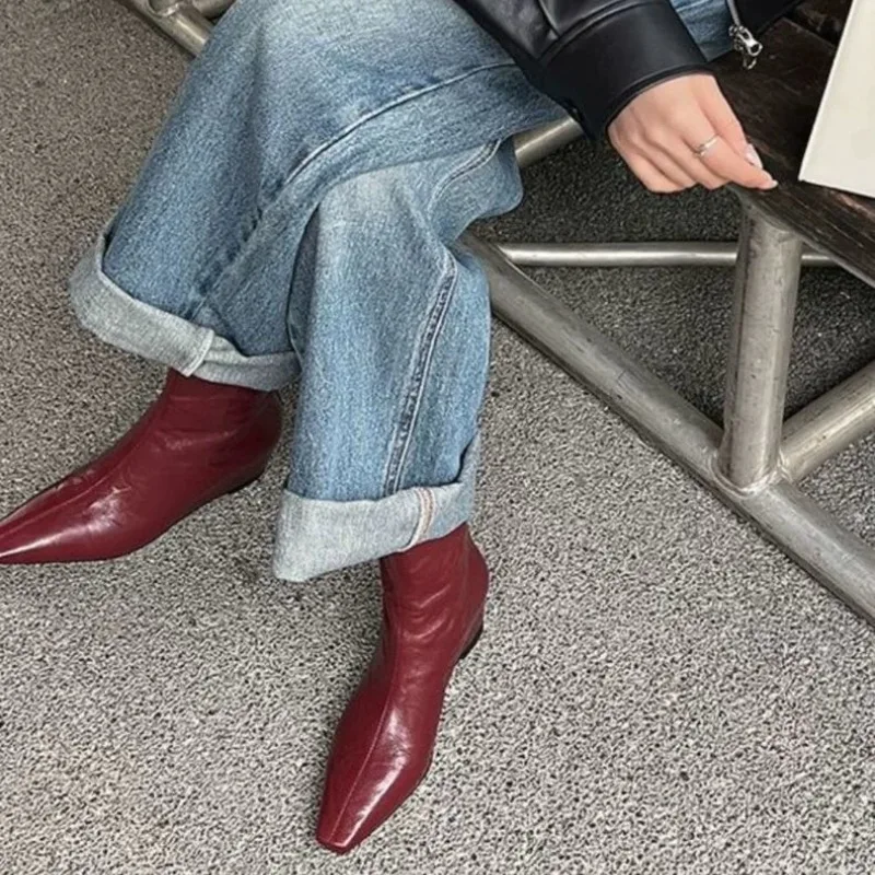Petite Feet Sheepskin Leather Women Ankle Boots Back Zipper Black Burgundy Low Block Heels Autumn Winter Ladies Oversizes Boots