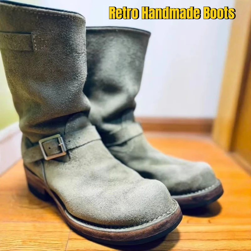 

Retro Handmade Aged Engineer Boots Men's Chunky Leather Surface Fawn Boots Round Toe Low Heel Winter Wear Resistant Botas Mujer