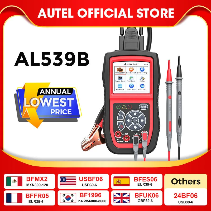 Autel Autolink AL539B OBD2 Scanner 12V Batter Tester Automotive Analyzer DC AC Avometer 3 in 1 Code Reader PK al539 Free Update