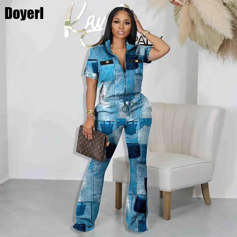 

Denim Print Tracksuit Women Two Piece Set Summer Short Sleeve Zipper Jacket Top and Pant Sets Joggers Suits Streetwear Sportwear