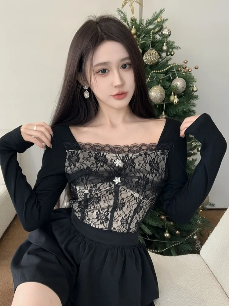 

Autumn Winter Long Sleeve Lace Trim Base Shirt Inner Wear Patchwork Design Sensual Lady Style Slim Fit Commute Fashion