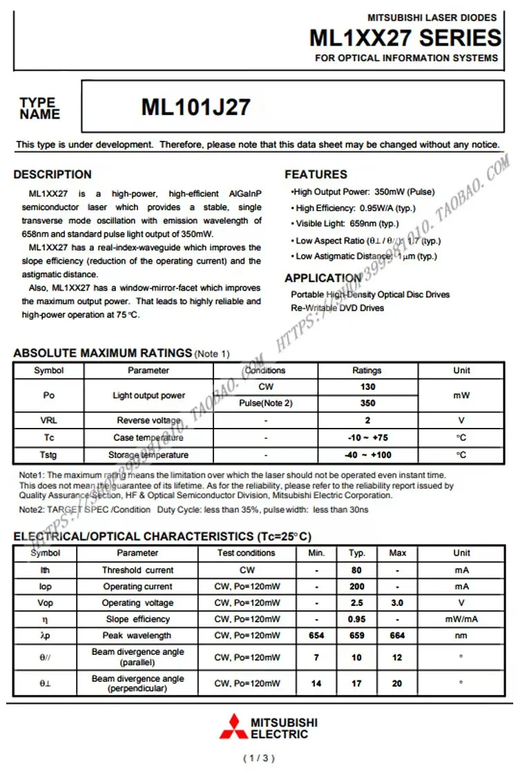 Original mitsubishi ml101j27 660nm 130mw empurrar 350mw alto chapéu vermelho laser diodo único modo