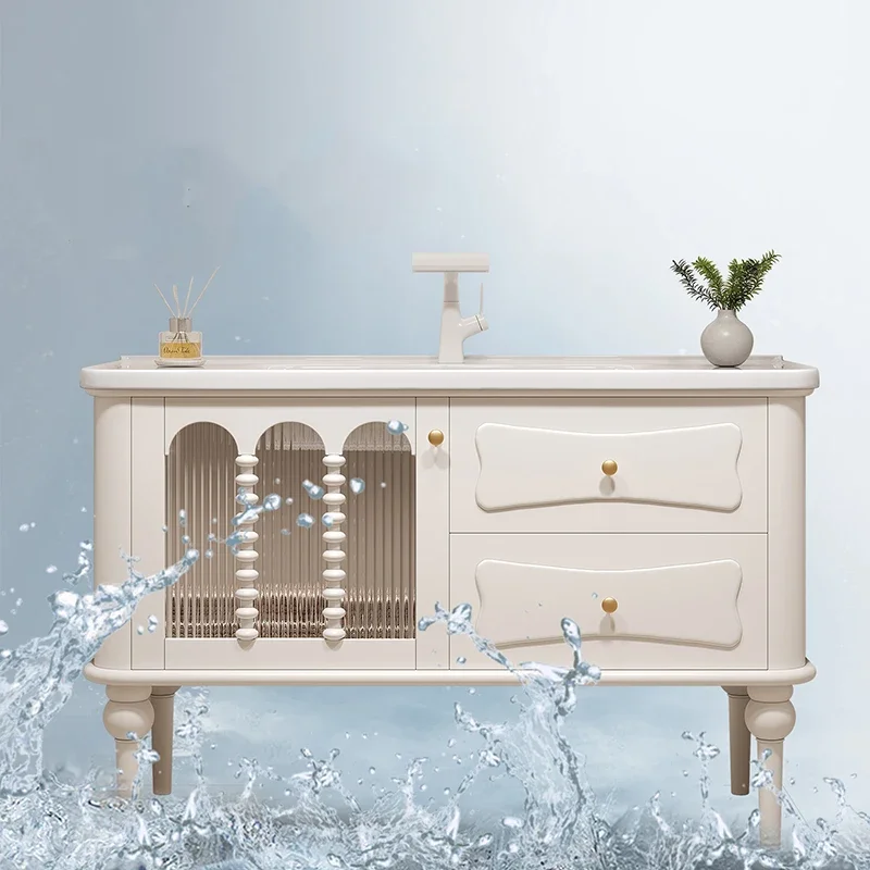 French Cream Light Cabinet Drawer Ceramic Fix Mirrors Storage Organizer Vanity Wall Small Sink Mobile Bagno Bathroom Cabinet