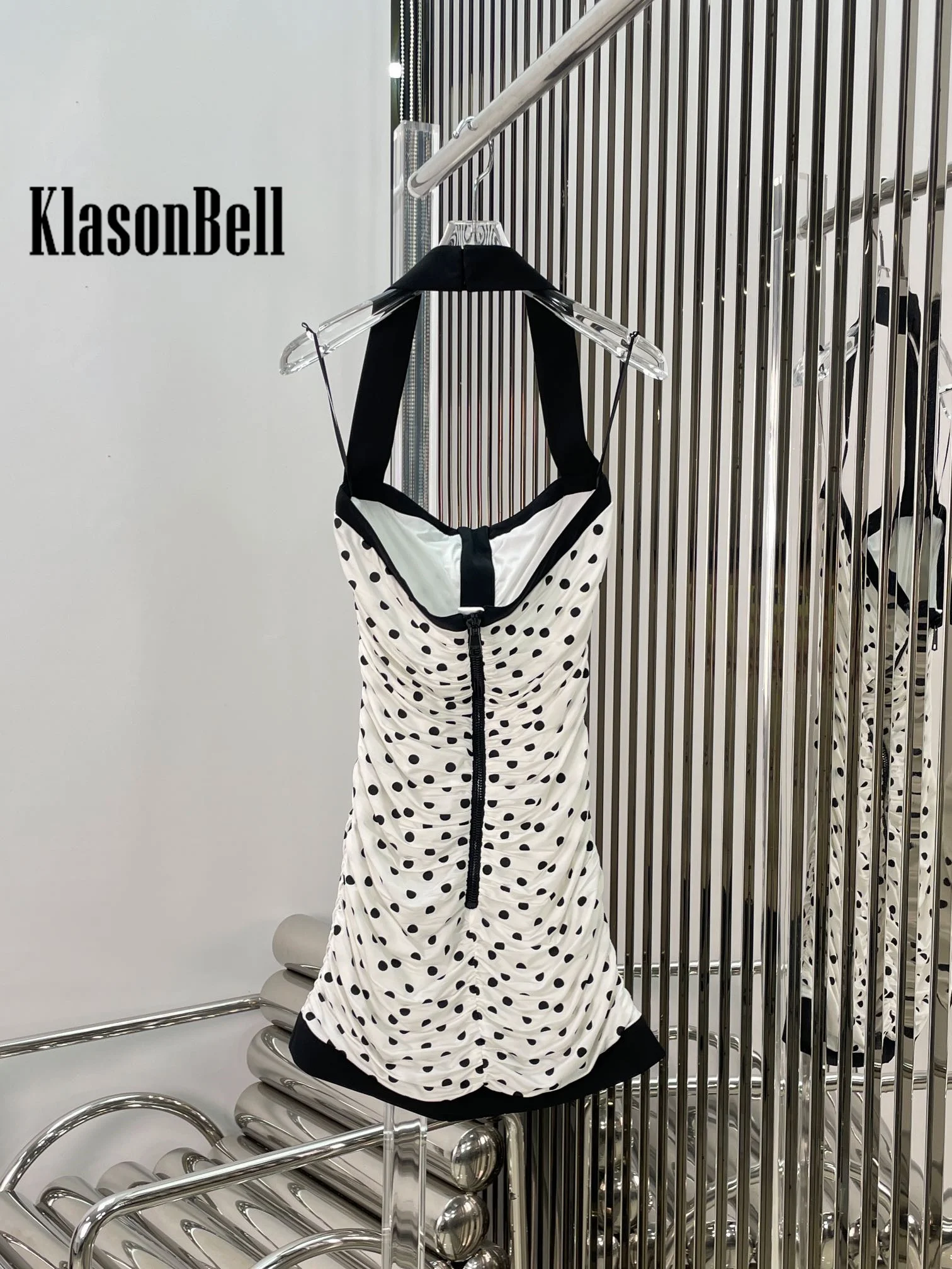 10.15 KlasonBell Women Fashion Sexy Girl Halter Polka Dot Print Dress Rose Gold Button Ruched Package Hip Dress