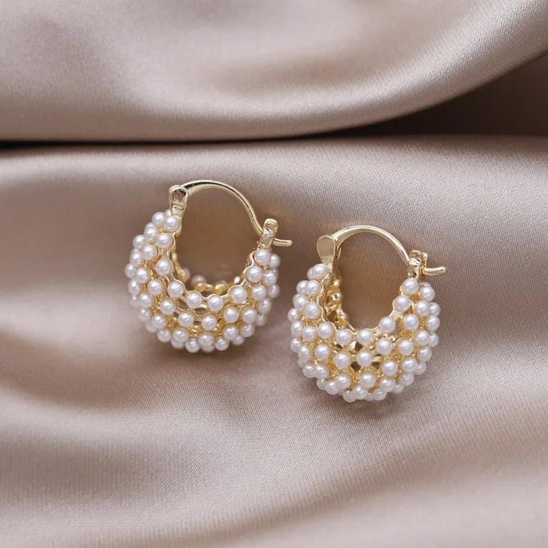 Korean New Fashion Jewelry 14K Gold Plated White Pearl Bag U-shaped Basket Earrings Elegant Women's Daily Work Accessories