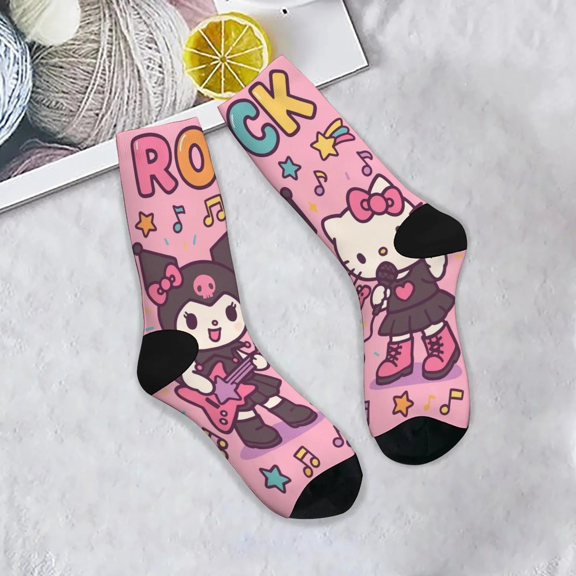 

Cartoon Kuromi Hello Kitty Theme Socks Comfortable Breathable Non-slip Women's Socks Novelty Harajuku Street Hip-Hop Crew Socks