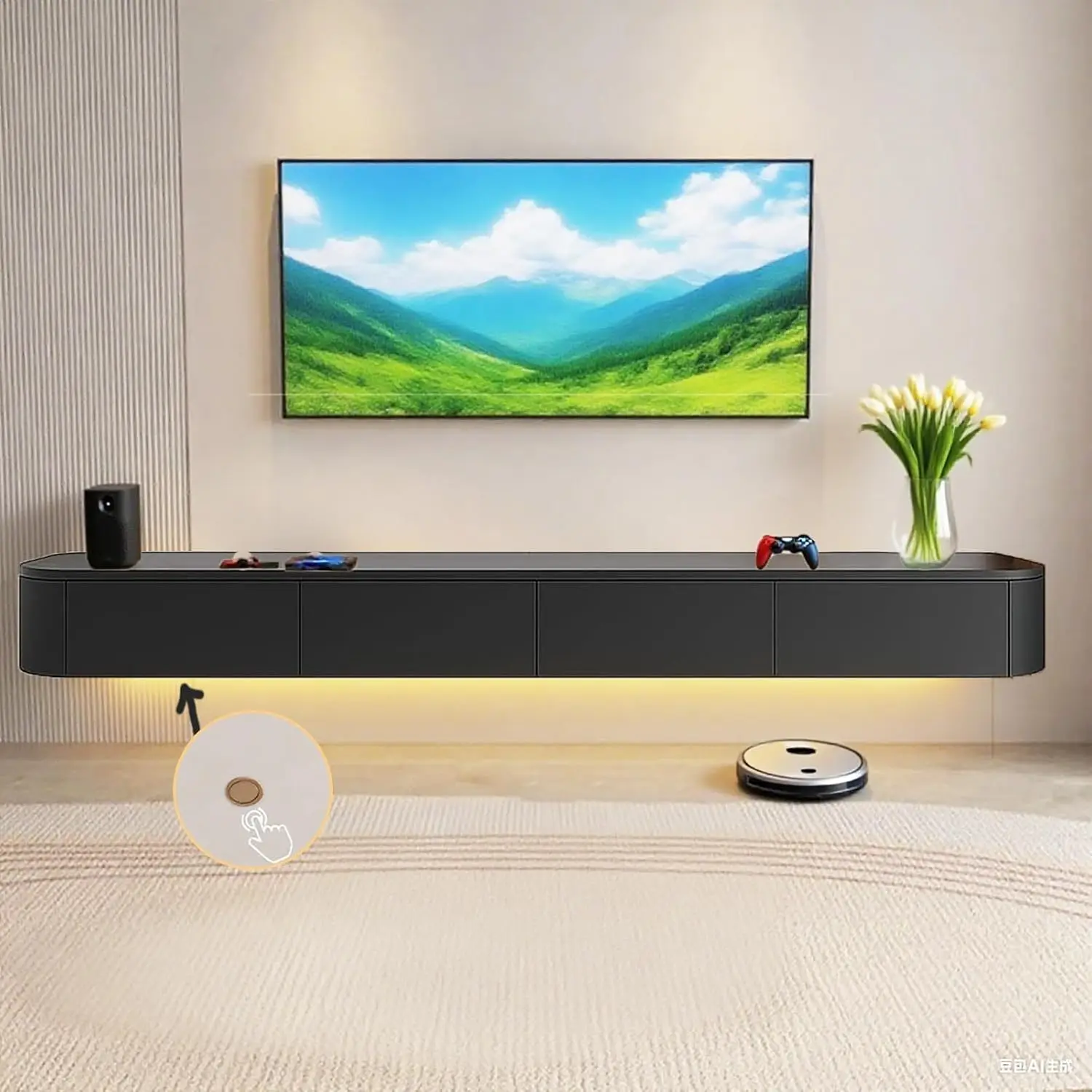 Floating TV Stand Wall Mounted with Flip-Down Doors & Drawers, Media Console for 65/75/80 Inch TVs, 47IN Black LED, Customized