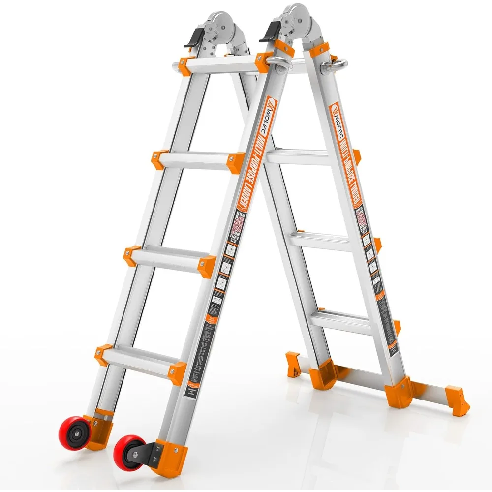 A-Frame Ladder with Wheels & Stabilizer Bar - 14FT Folding Extension Ladder, 330lb Security Load Multi Position Ladder