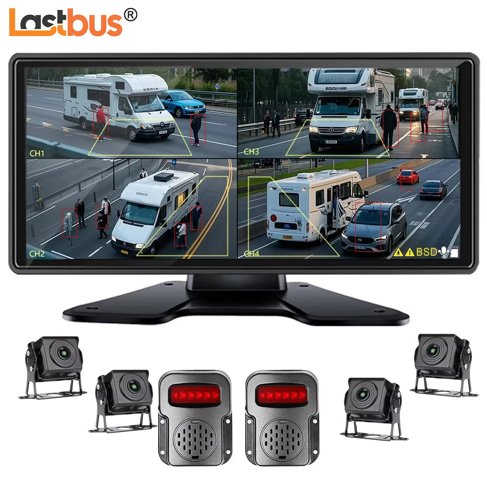 

Lastbus 10.36" Touch Screen BSD Alarm 4ch DVR Monitor 4x IR AI Detection AHD 1080P Front Side Rear View Cameras For Caravan Rv