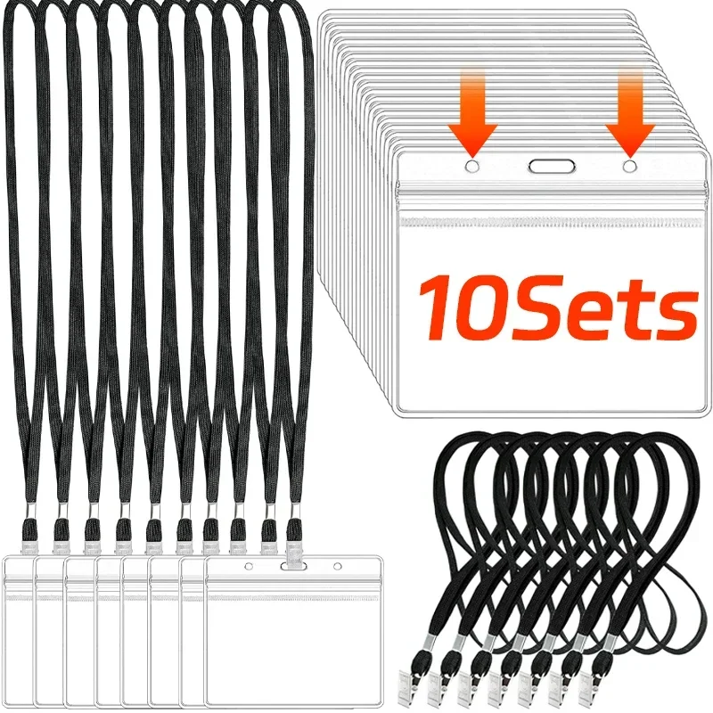 끈이있는 방수 수평 카드 홀더 두꺼운 플라스틱 투명 배지 홀더 재밀봉 가능한 ID 카드 슬리브 카드 보호기