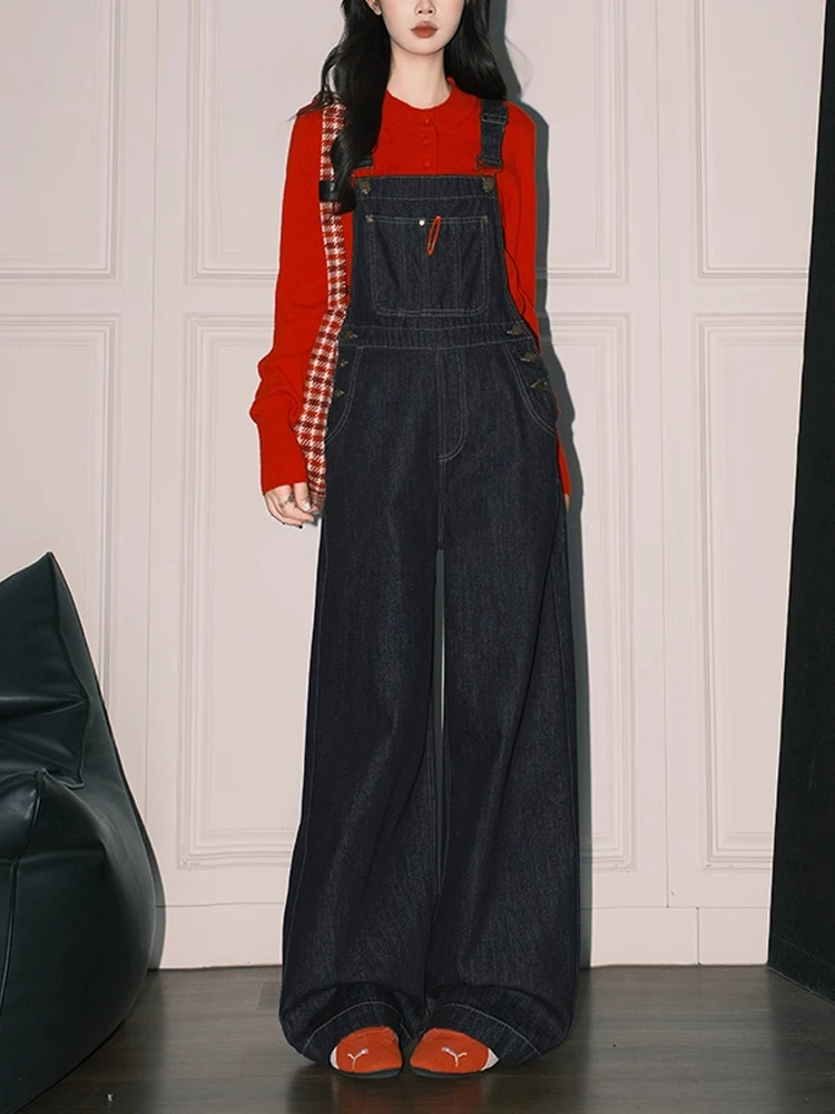 Salopette di jeans blu retrò da donna a vita alta ampia anti-età gamba larga tuta drappeggiata comoda pantaloni lunghi da pendolarismo