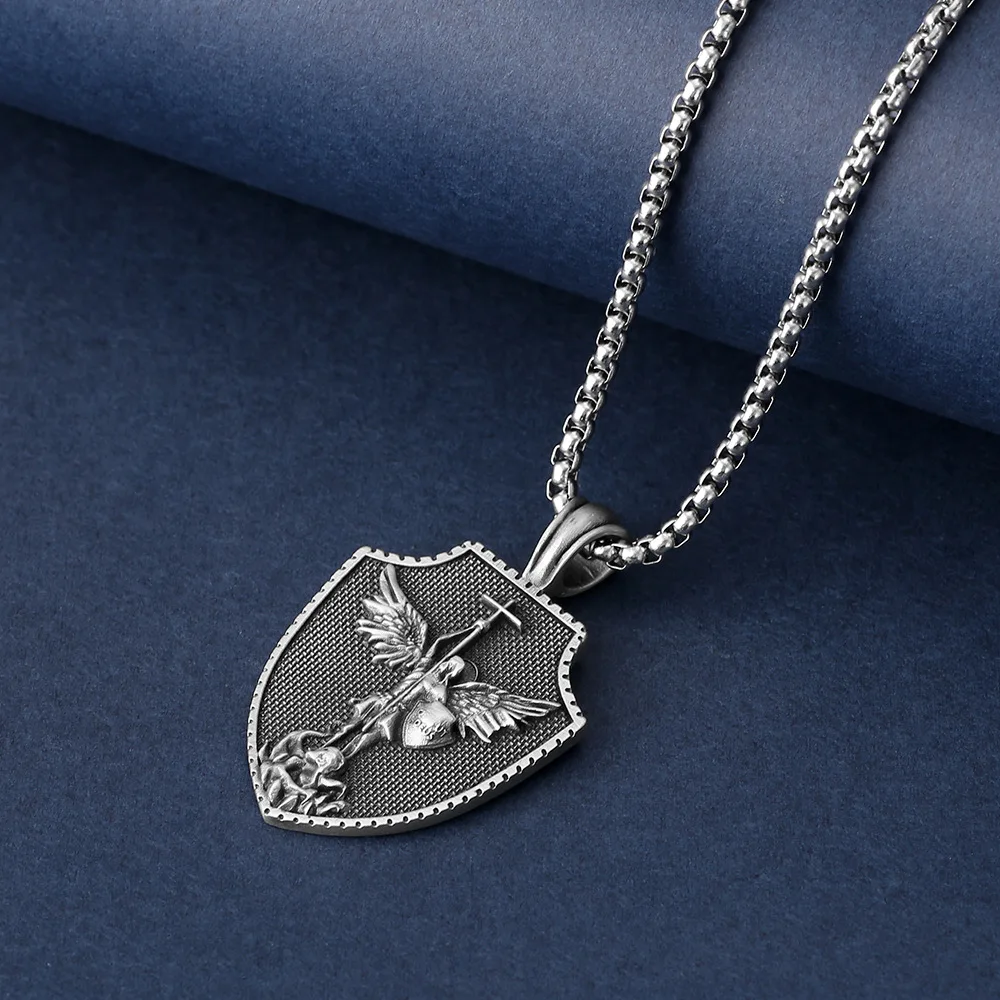 Stainless Steel Jesus Cross Charm Viking Necklace Men's Shield Dragon Slayer Amulet Pendant Saint Nicholas Juvenile Jewelry