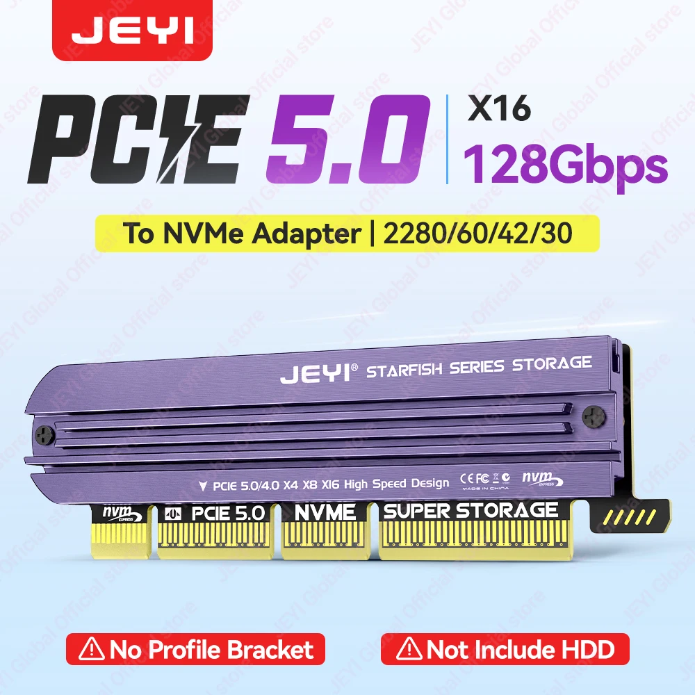 Adapter JEYI M.2 NVME na PCIe 5.0 4.0 z aluminiowym radiatorem SSD, karta rozszerzeń NVMe 128Gbps Gen4 PCIE X4 X8 X16 do komputerów stacjonarnych