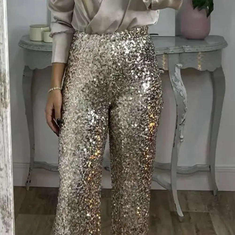 Women Pants Solid Color Trousers Women’s Sequined High Waist Pants Shining Trousers Elastic Flared Streetwear Bottoms Solid