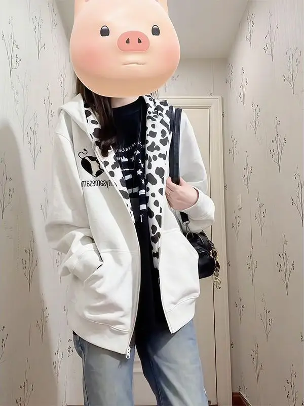 Loose Women's Hoodie Sweatshirt Embroidered Casual Lazy Style Zipper Open Cardigan Coat Cattle Pattern Inner  Fun Design