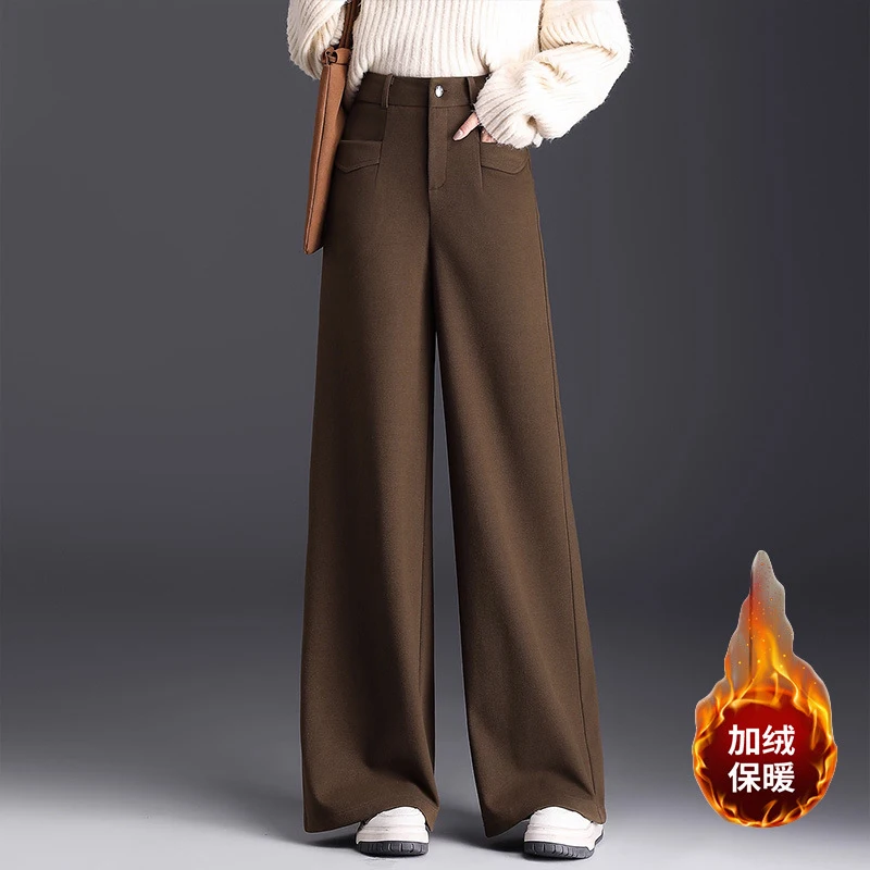 

Women's fleece-lined straight-leg pants for autumn and winter, thick high-waisted drapey loose woolen narrow wide-leg casual tro