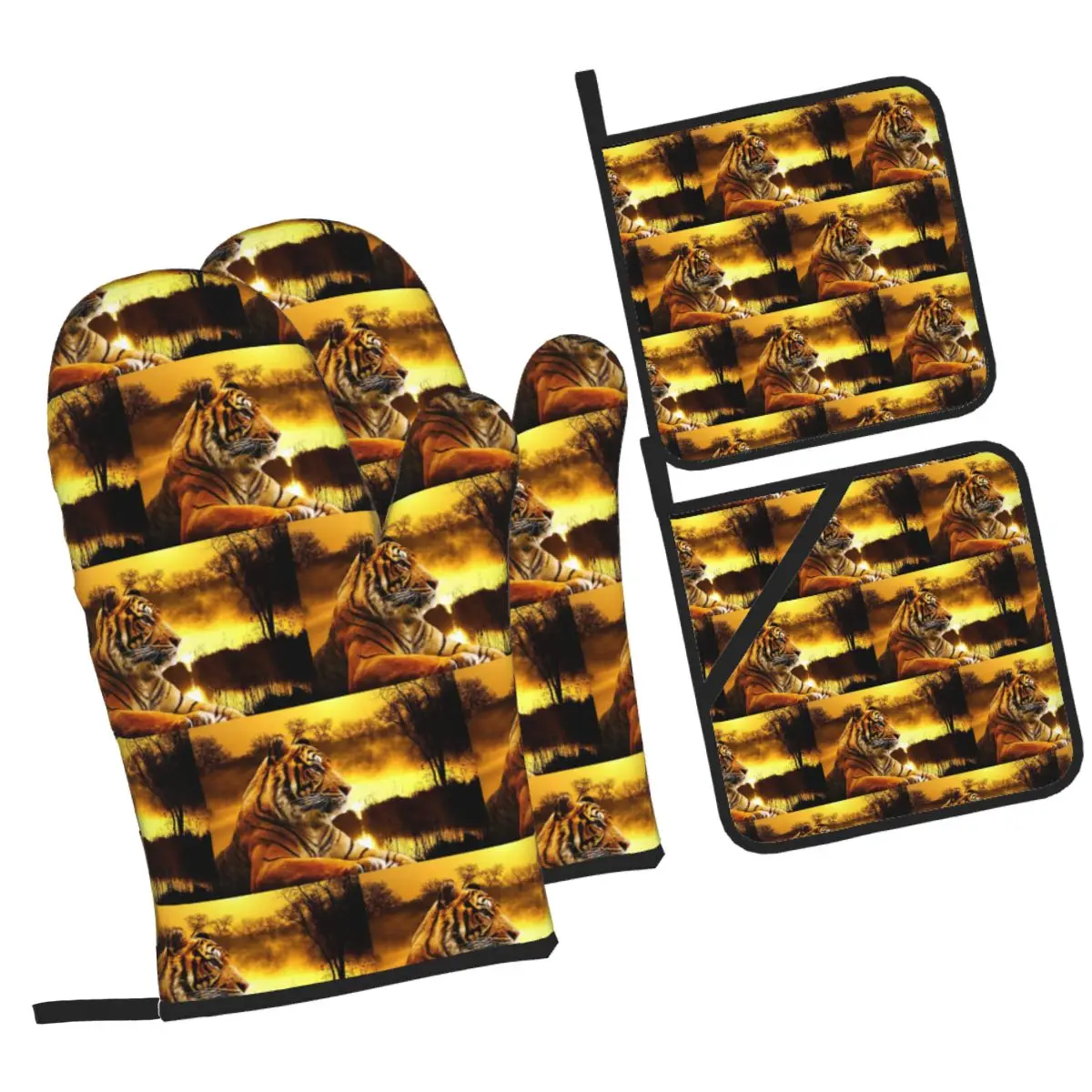 Tiger And Sunset Oven Mitts and Pot Holder Sets of 4 for Baking Kitchen Cooking Grilling Resistant Non-Slip Gloves