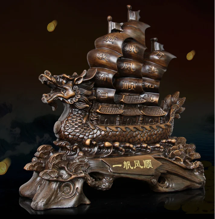 Chinese Style Retro Lucky Smooth Sailing Resin Sailboat Statue Money Ferry Study Living Room Ornaments Crafts Christmas Gifts