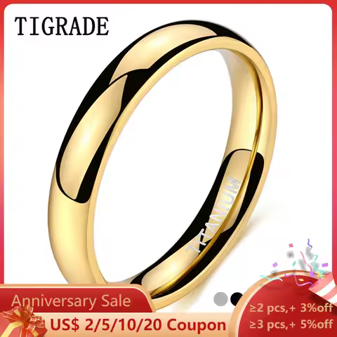 Tigrade 4mm Polished Gold Ring for Men Women Black Blue Silver Color Ring for Wedding Band Titanium Unisex Ring Engraving Size15