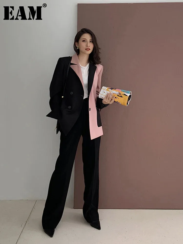 [EAM]  Women Black Contrast Color Big Size Blazer New Lapel Long Sleeve Loose Fit  Jacket Fashion Tide Spring Autumn 2024 1W482