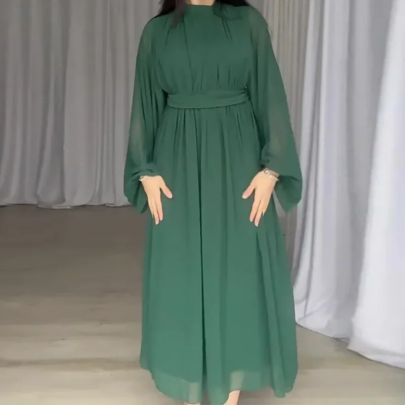 Women's New Autumn Fashion Solid Color Round Neck High Waist Fold Design Lantern Sleeve Long Sleeve Chiffon Dress Vestidos 2024