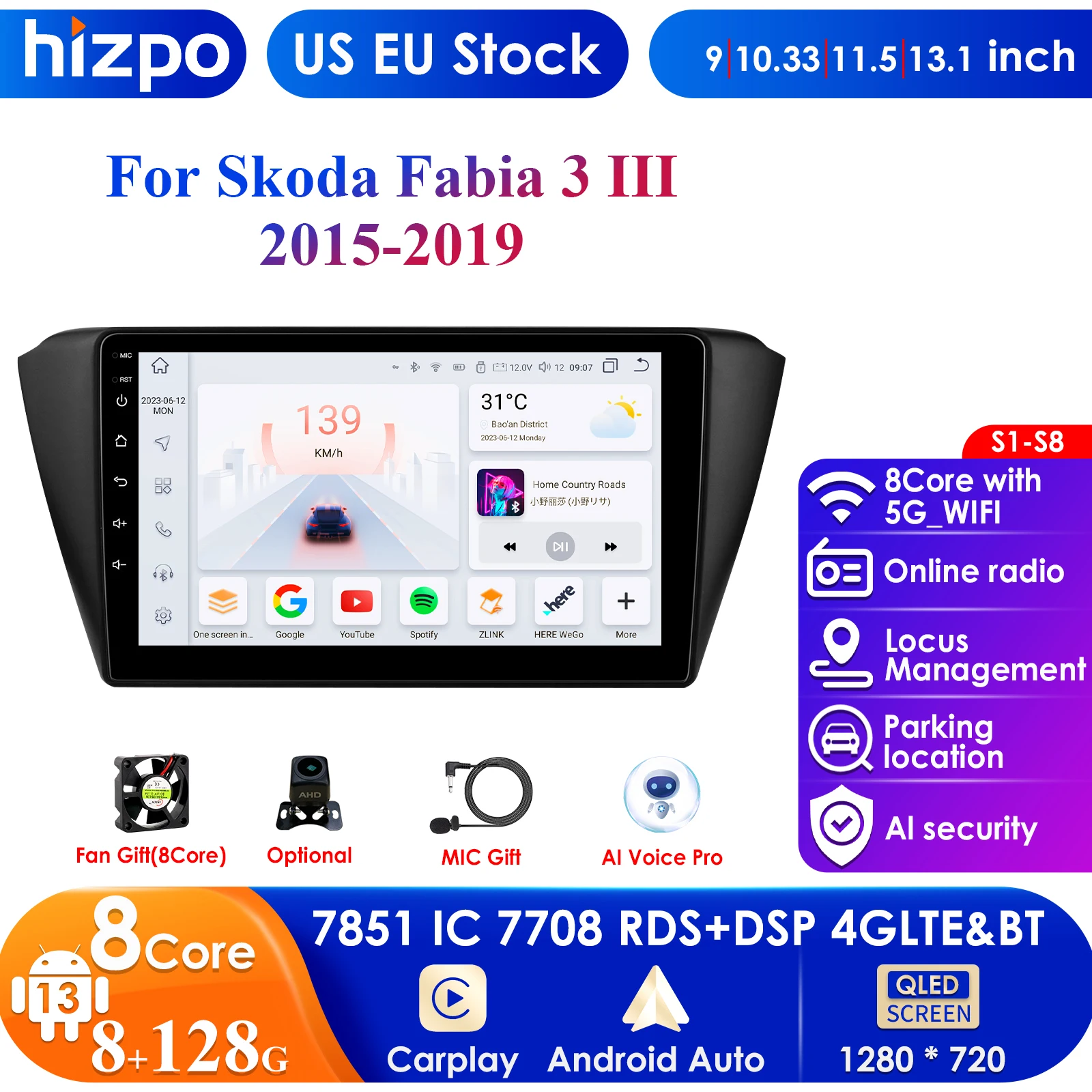 Hizpo 4G 9'' AI Intelligent Systems Wireless CarPlay Android Auto Radio for Skoda Fabia 3 III 2015-2019 Car Multimedia GPS 2din