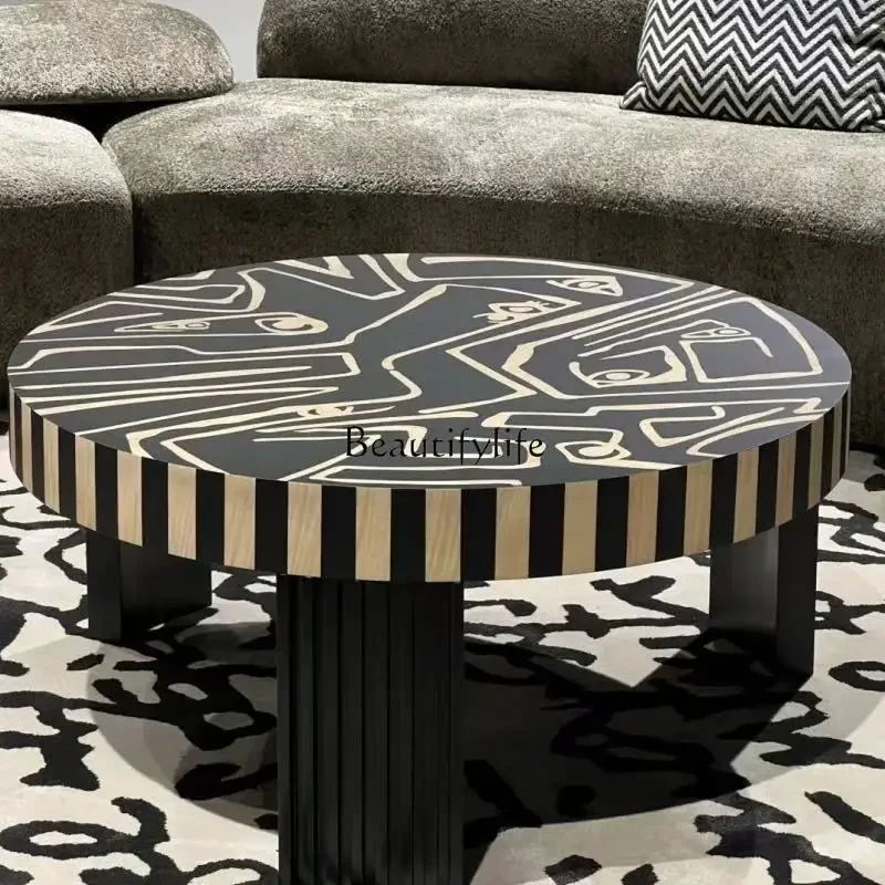 

ls 42Medieval style designer black and white art painting coffee table simple wabi sand wind painting solid wood coffee table