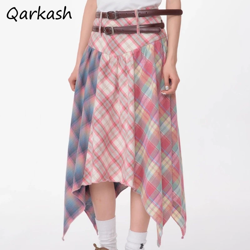 

Skirts Women Plaid Pink Pleated Contrasting High Waist Japanese Style Sweet High Street Temperament Design Mid-length Summer