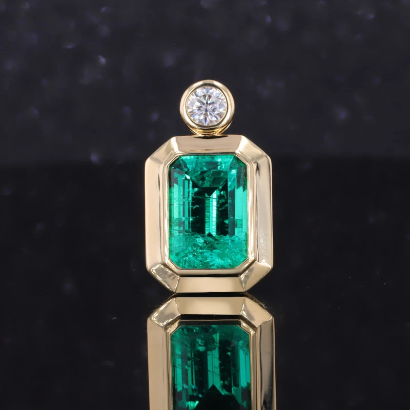 18k Yellow Gold Pendant Lab Emerald 7x10mm With Moissanite Bezel Setting Gold Jewelry Necklace Pendant