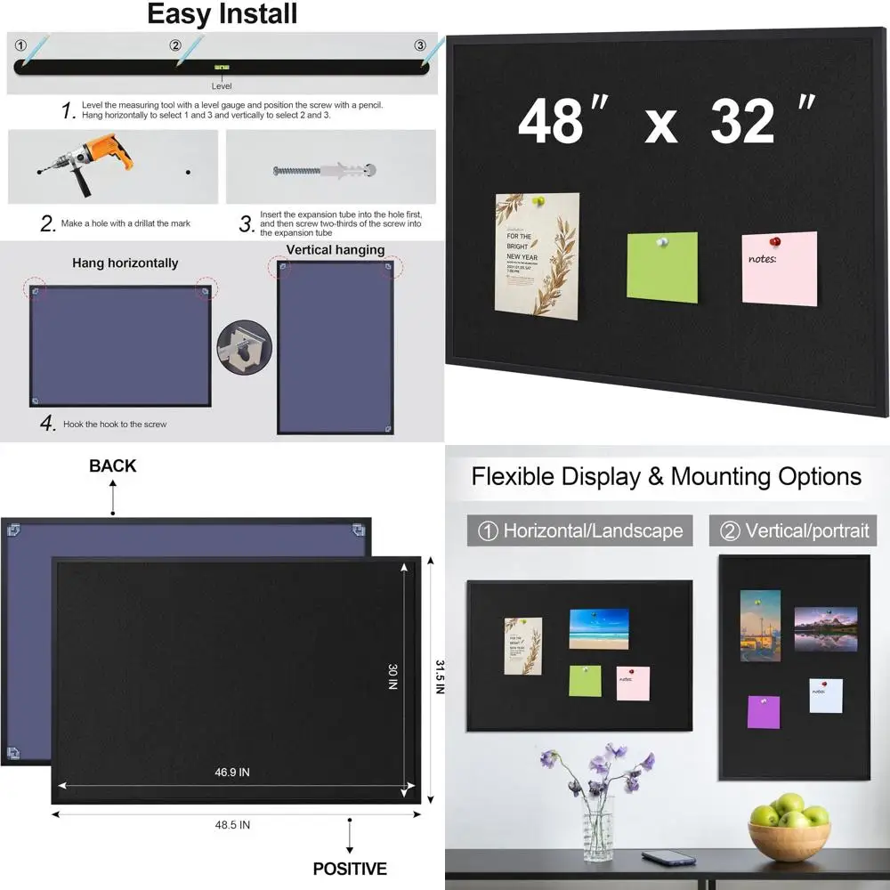 

48x32 Inch Decorative Wall-Mounted Cork Board for Pinning and Display