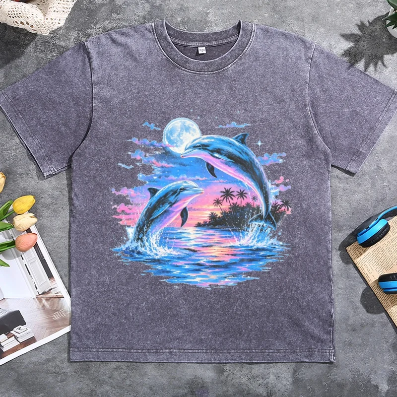 Vintage Delfin T-Shirt Retro 90er Jahre Ozean Grafik T-Shirt Küsten-Meereslebewesen Strand T-Shirt Damen Herren Vintage Gewaschenes Kurzarm-Shirt – Detail 3