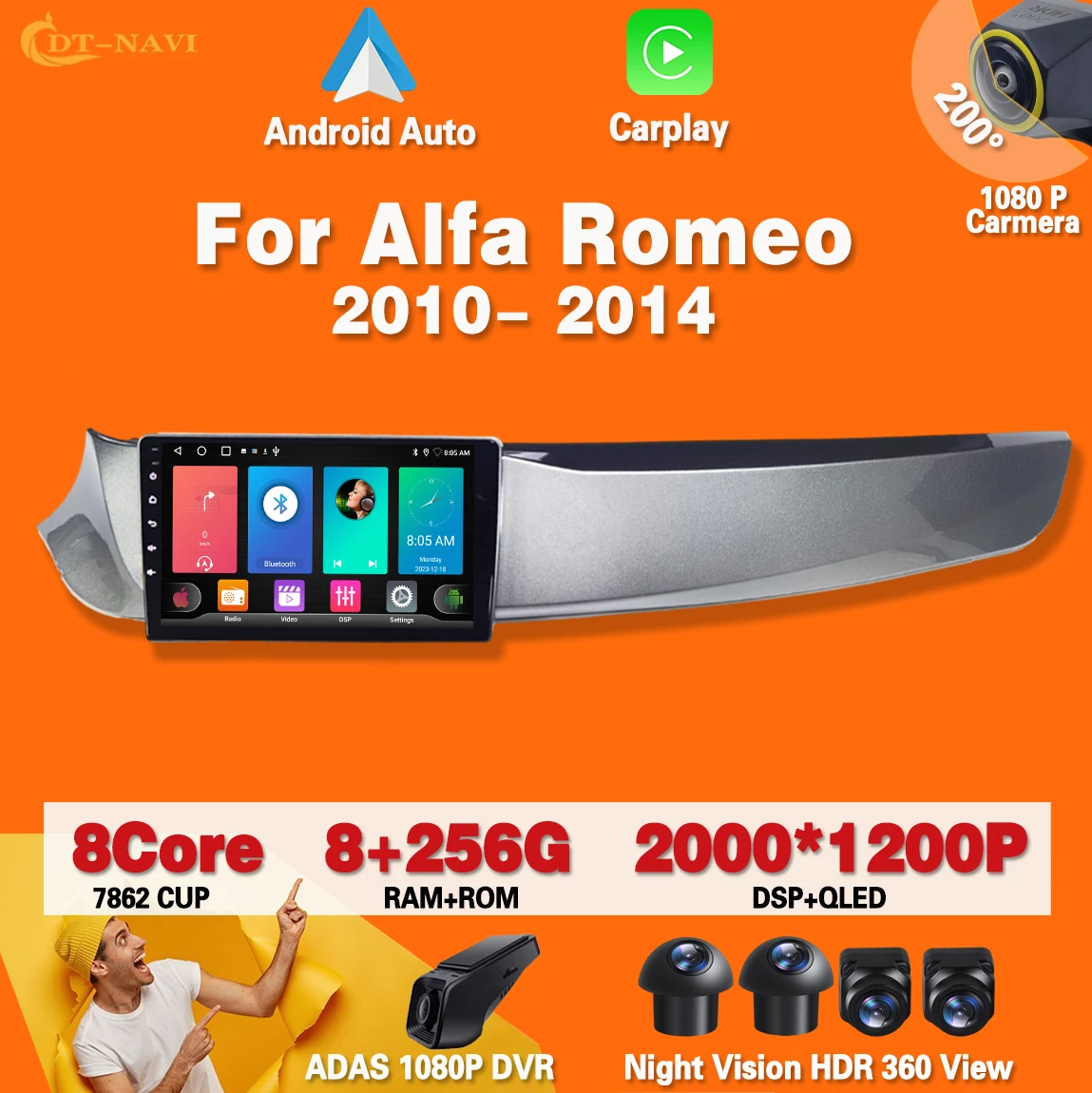 Radio con GPS para coche, reproductor Multimedia con Android 13, DT-NAVI, 2 din, 4G, DVD, BT, para Alfa Romeo Giulietta 2010 -2014