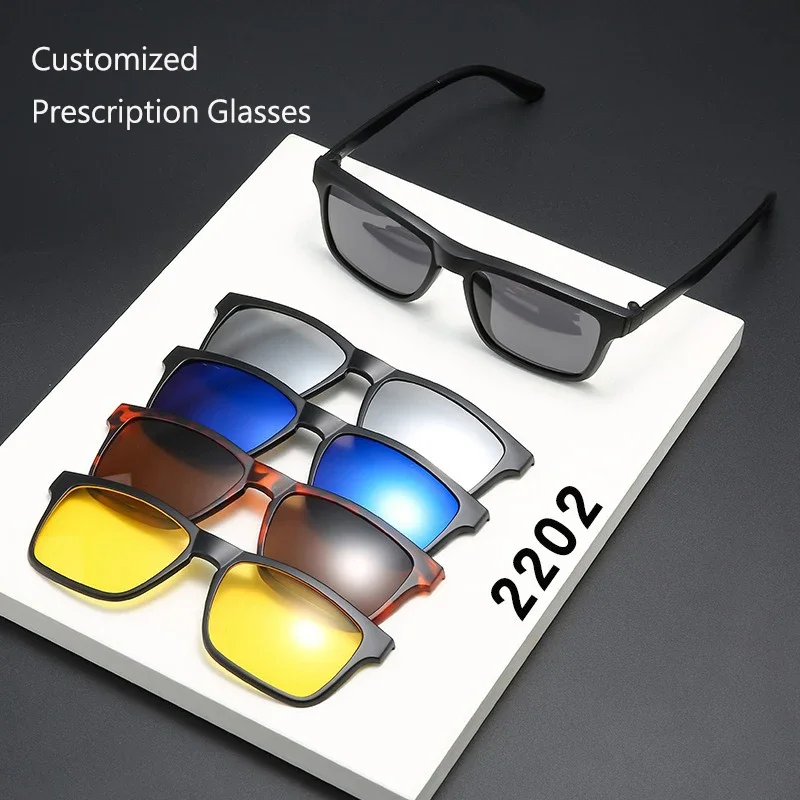 6 In 1 Customized Prescription Glasses Men Women Anti-Blue Light Myopia Hyperopia With 5 PCS Clip On Polarized Sunglasses