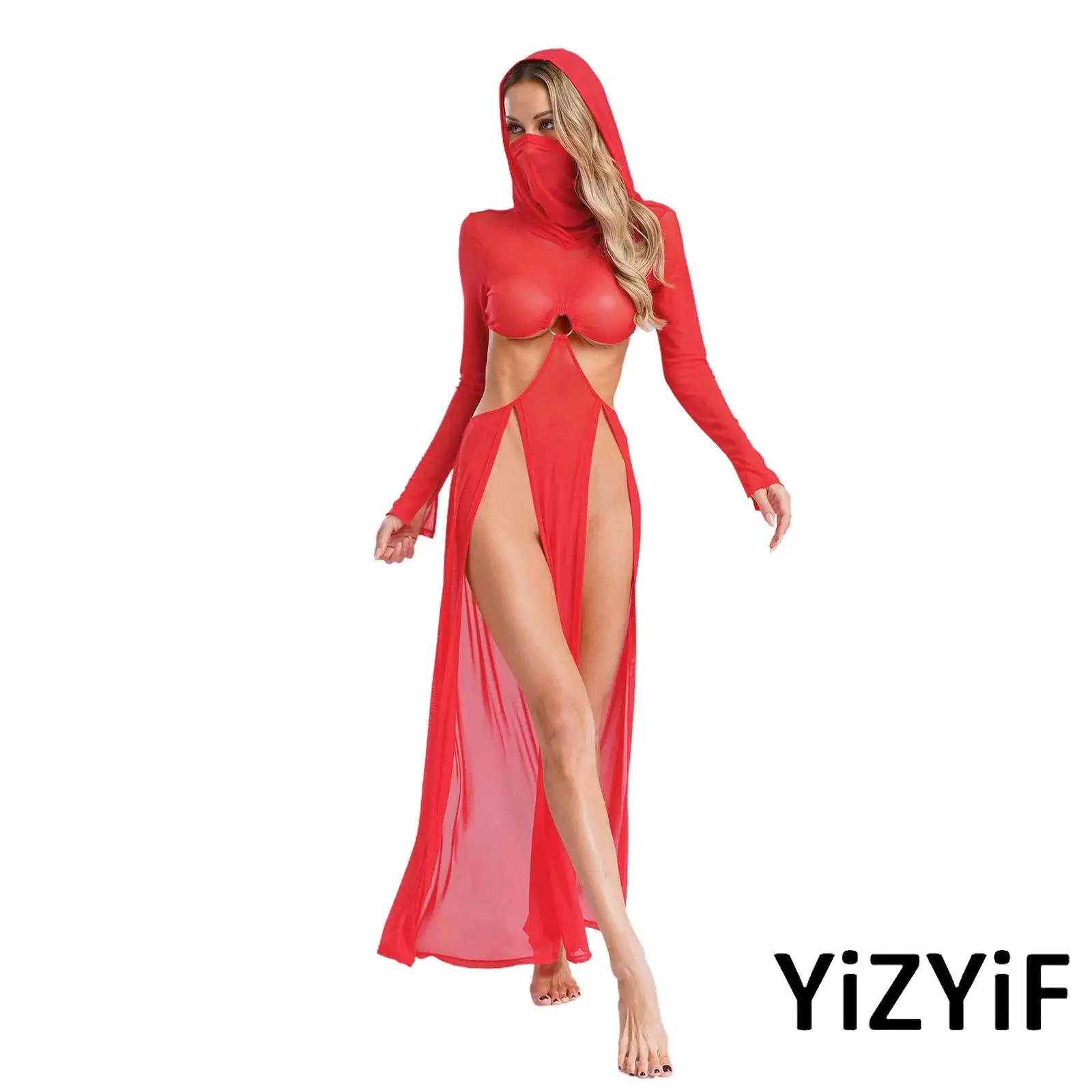 

Women Erotic Sheer Dress High Slit Dress Hooded Face Mask Long Sleeves Hollow Out Arab Style Mesh Maxi for Adult Cosplay Costume
