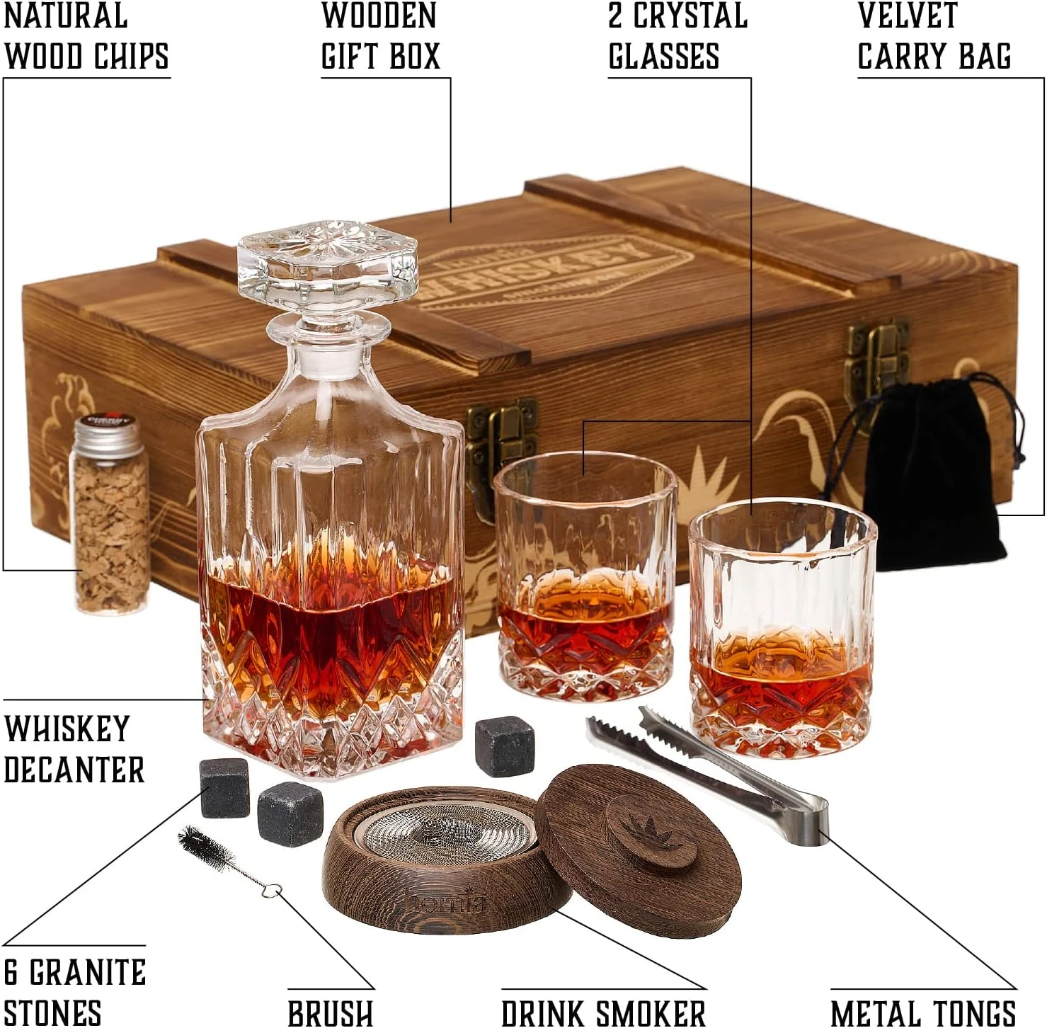 Whiskey Gift Set, 14 pcs - Whiskey Decanter + Wooden Smoker + Old Fashioned Glasses - 2 pcs, in Wooden Box with Wood Chips