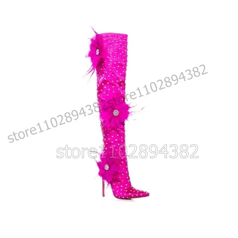 Floral Feather Crystal Decor Rose Red Pointy Toe Boots Side Zipper Women Shoes Thin High Heels Fashion 2026 Zapatos Para Mujere