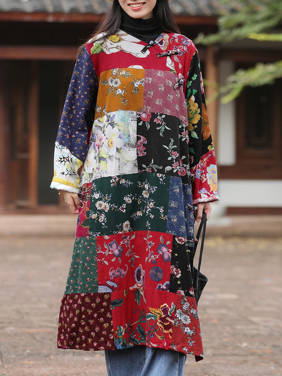 Vintage Cotton Linen Long Mid-calf Coat Women Trench, Flower Loose Chinese Style Outerwear, Long Sleeve, Patchwork Dresses,