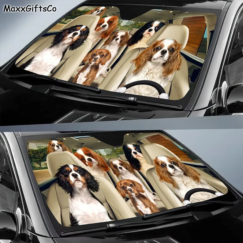 Cavalier King Charles Spaniel Car Sun Shade, Dogs Windshield, Dogs Family Sunshade, Dog Car Accessories, Car Decoration, Gift Fo