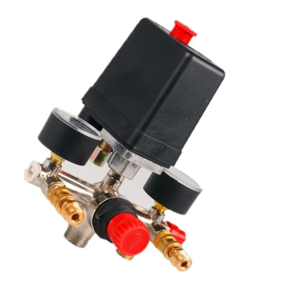 90-120 PSI Air Compressor Pressure Control Switch Valve With Gauge Metal Black For Industrial Pneumatic Tool Accessories
