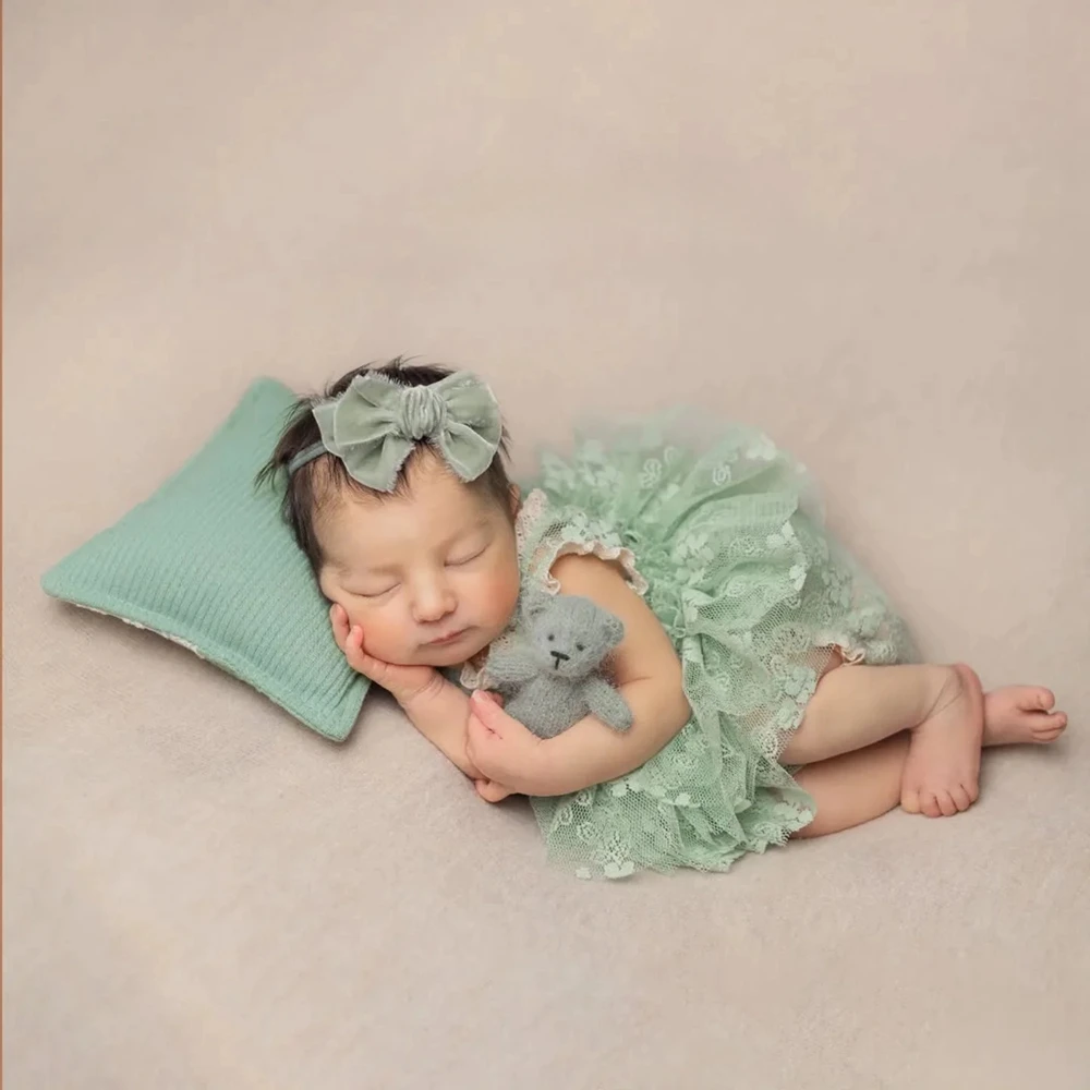 Sage Green Baby Photography Props Newborn Girl Lace Romper Infant Photoshoot Outfits Vintage Studio Posing Clothes Dress