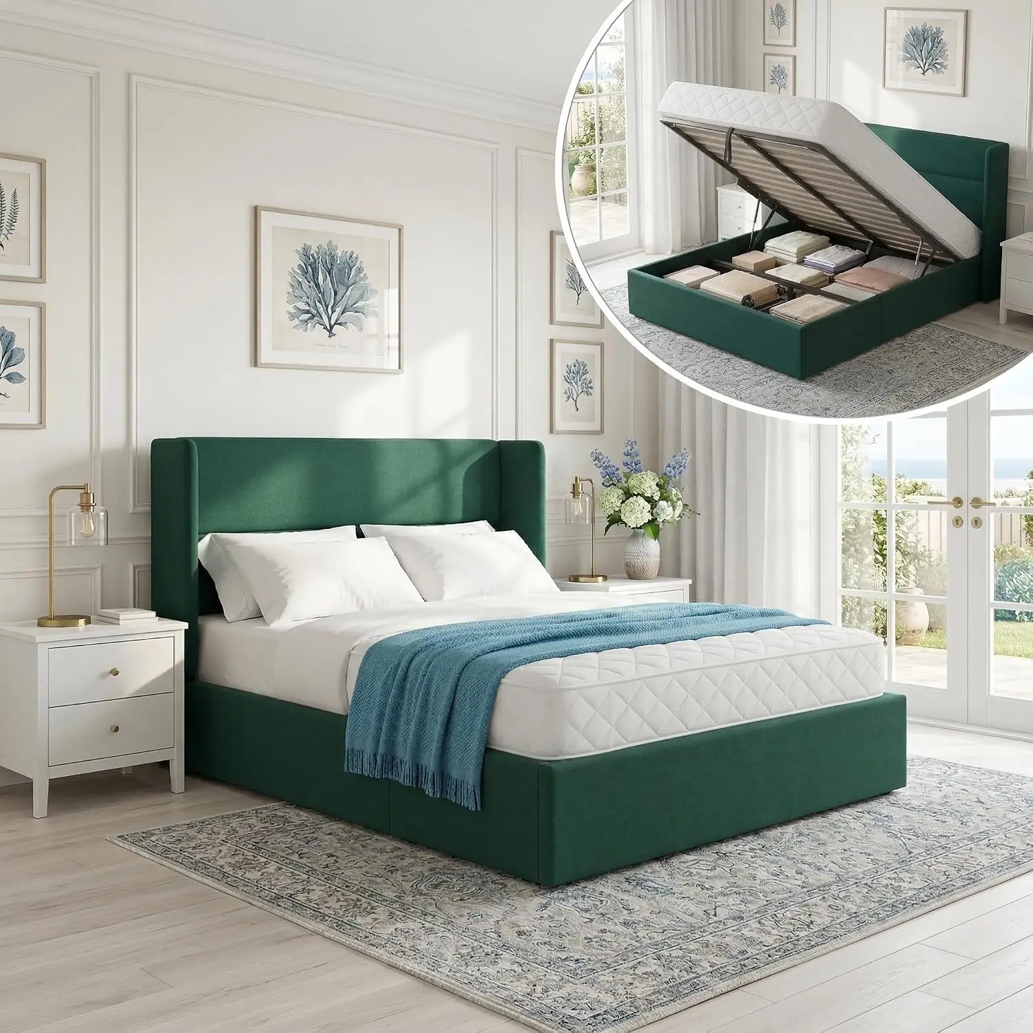 Modern Wingback Storage Bed Frame Full Lift Up Upholstered Dark Green, Customized