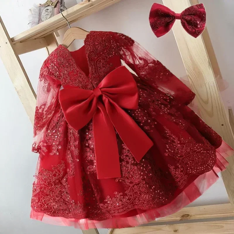 V-Back Bow Baby Girl Clothes Infant 1st Birthday Baptism Dress Embroiderey Lace Elegant Toddler Kids Princess Wedding Party Gown