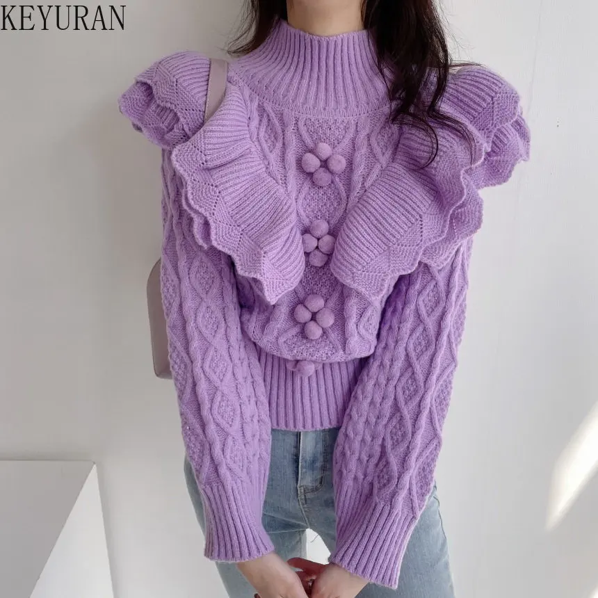 Chic Ruffles Floral Knitted Sweater Women Korean Fashion Vintage Lantern Sleeve Knitwear Pullovers Turtleneck Sweaters Jumpers