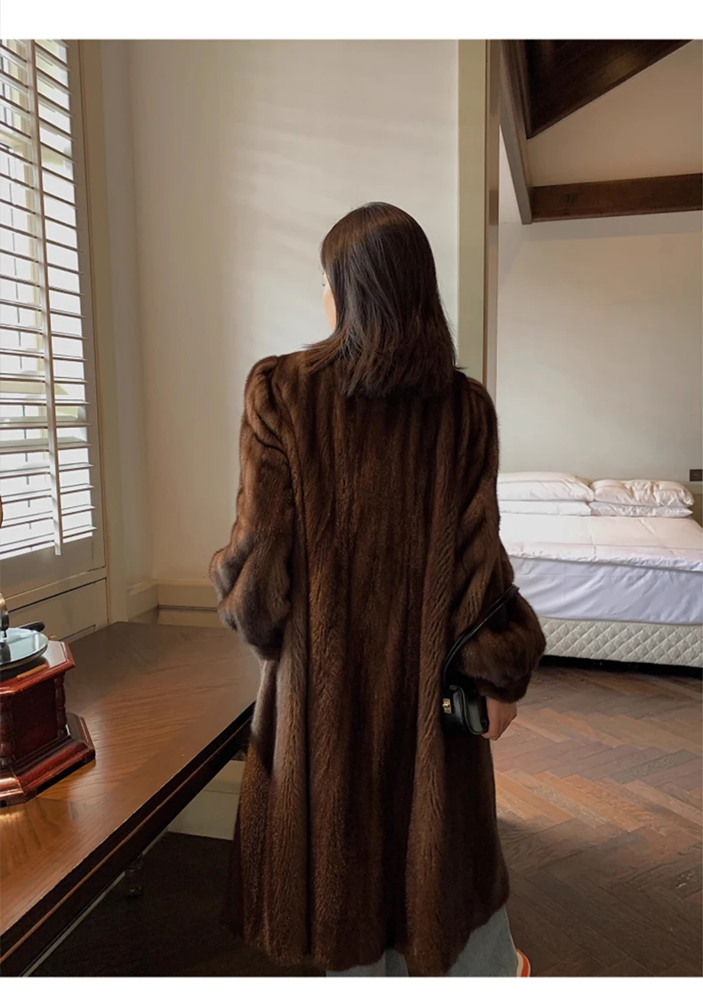 Lautaro Winter Long Brown Thick Warm Soft Faux Mink Fur Coat Women Puff Sleeve Elegant Luxury Chic Fluffy Furry Overcoat 2023