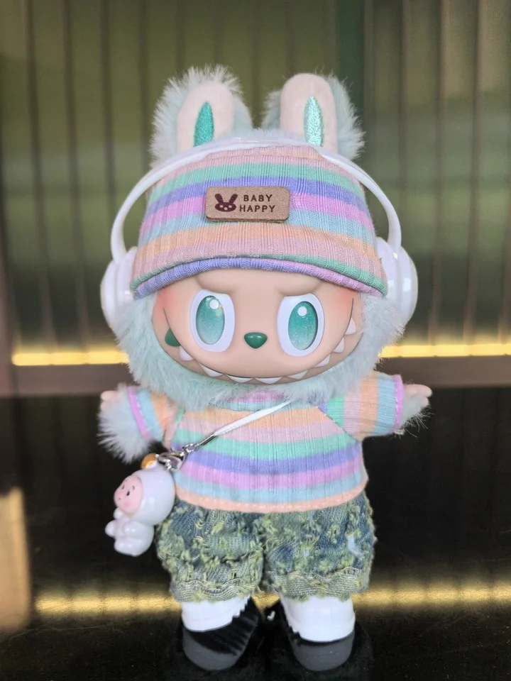 ラブブー服第1～3世代用、静かな緑のブドウ柄フルセット、帽子、パンツ、靴、ヘッドホン、チャーム、アクセサリー付きコンプリート衣装