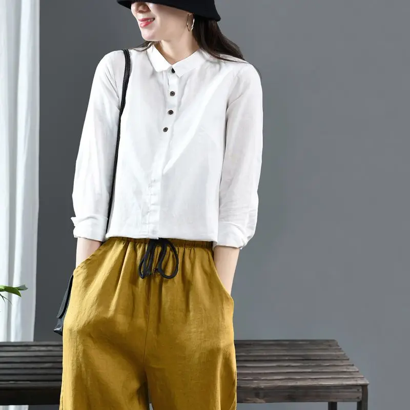 Women\'s Spring Autumn Solid Color Standing Neck Button Temperament Long Sleeved Loose Casual Versatile Cotton Linen Shirt Tops